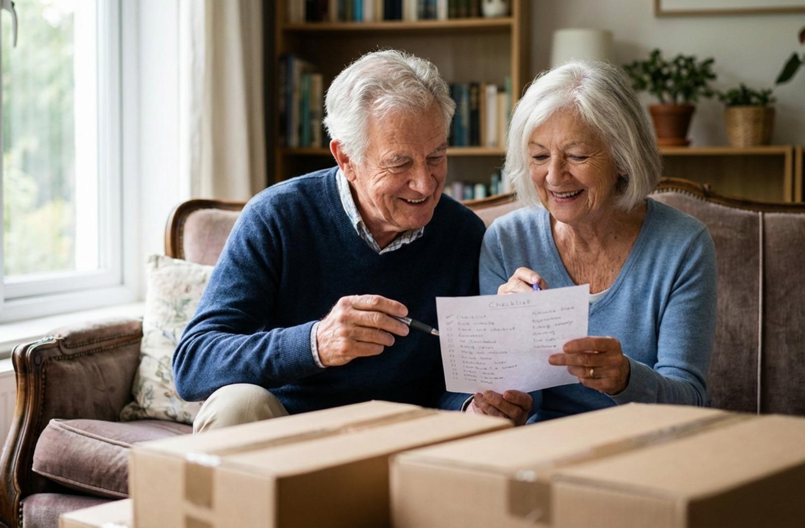 Two happy senior adults reviewing a paper checklist on a sofa with packing boxes nearby in a sunlit room.
