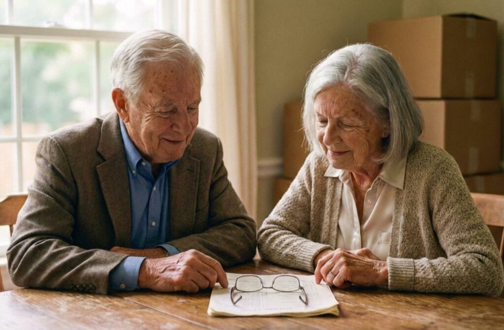 Two older adults sit at a sunlit table reviewing a paper document while organizing items for a move.