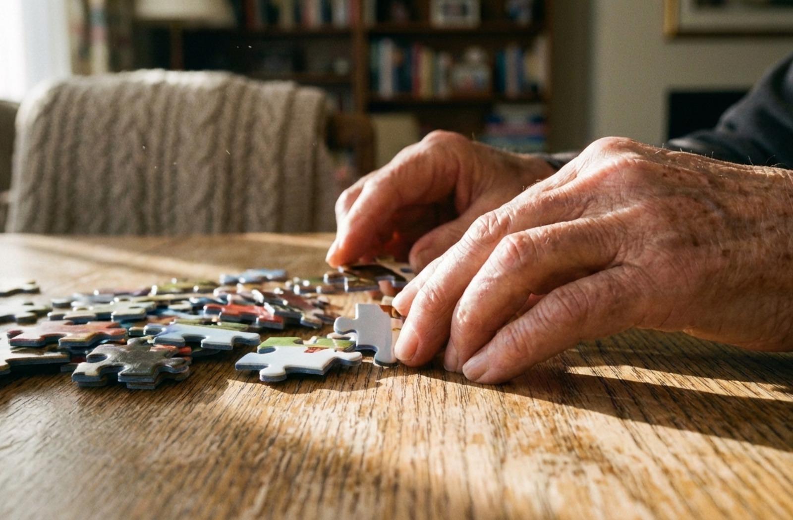 a closeup of senior hands doing a puzzle