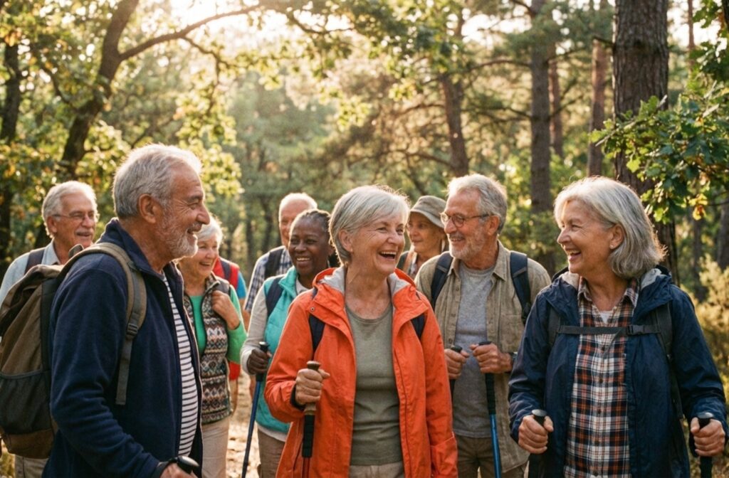 A diverse group of older adults walking briskly on a sunlit nature trail, laughing and talking with one another.