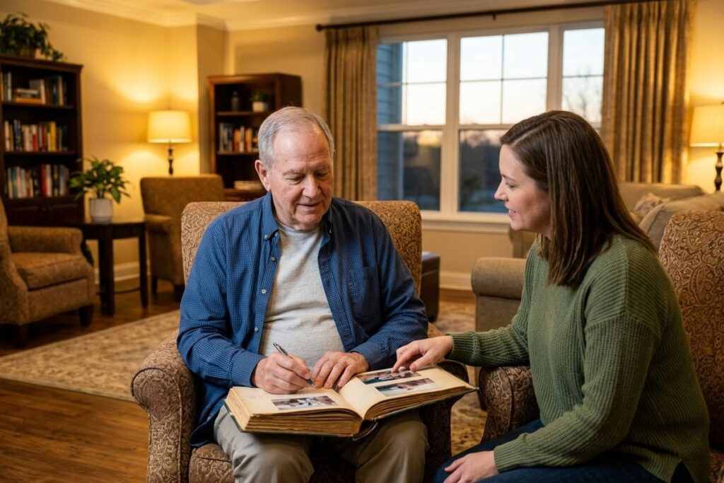 An older adult holds a pen over an open photo album on their lap in a living room, while a younger adult beside them points at a picture.