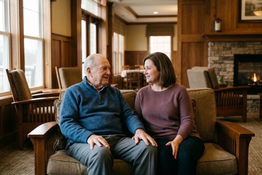 An older adult and another adult sit on a couch in a wood-paneled lounge with a fireplace, looking at each other and smiling.