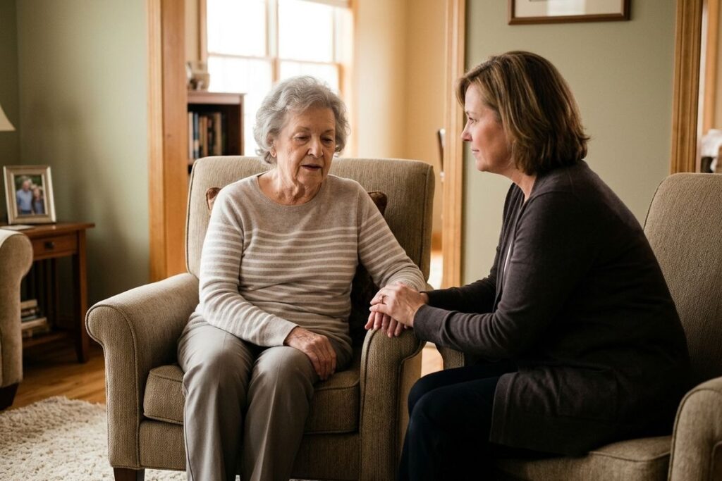 An adult sits in an armchair in a living room, resting a hand on an older adult's hand while talking; the older adult looks down.