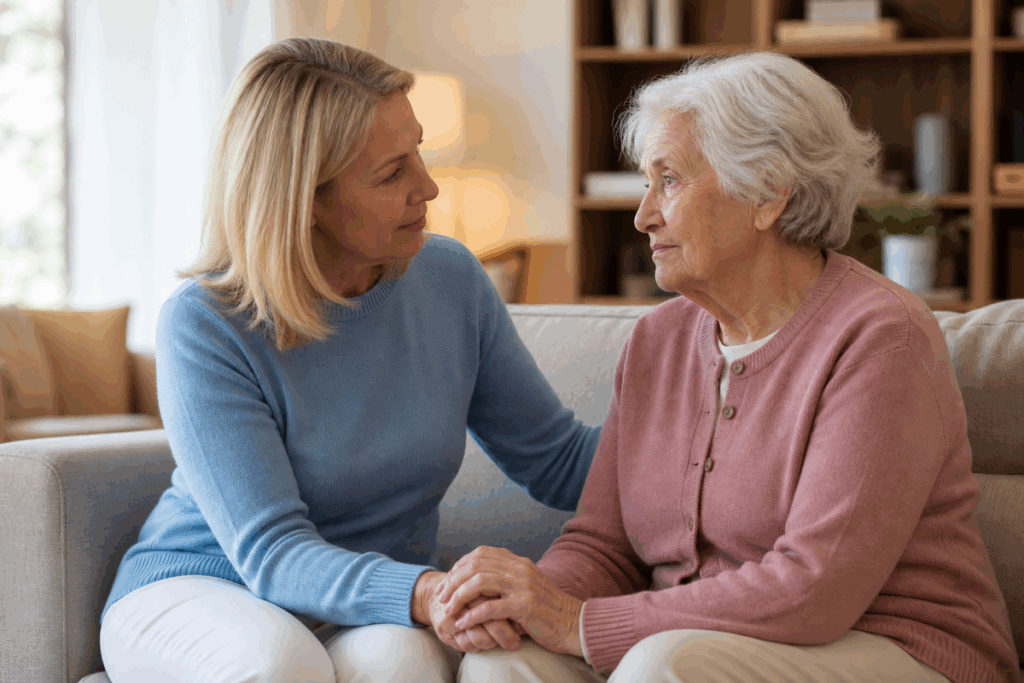 Two adults sit together on a sofa at home, holding hands and looking at each other.