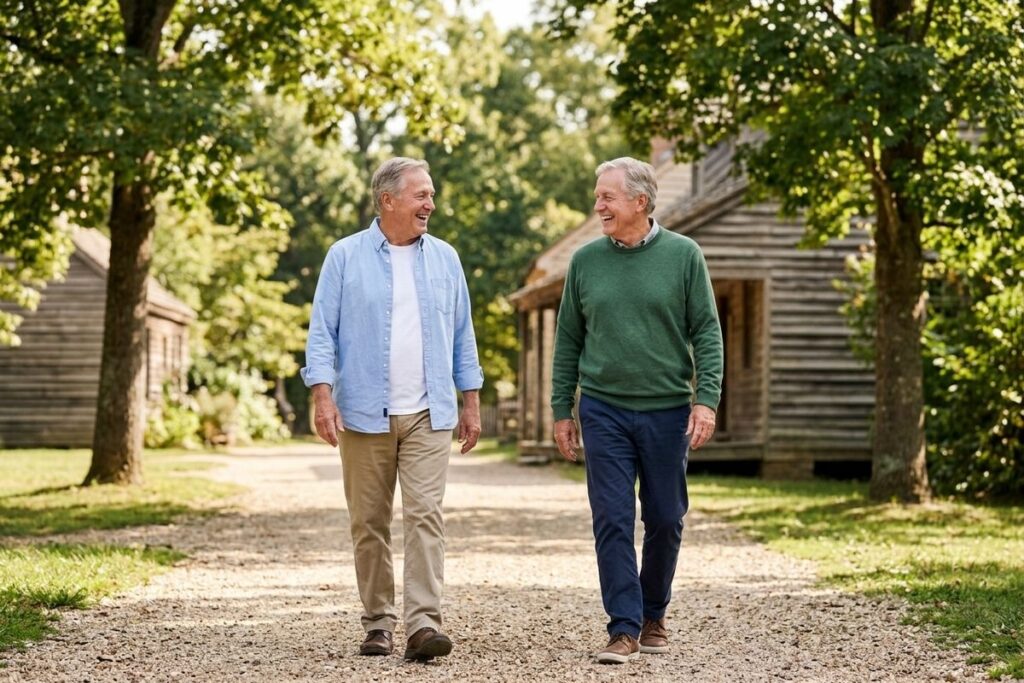 Two older adults walking together on a gravel path outdoors with trees and wooden buildings in the background.